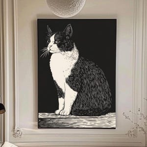 Vintage Cat Wall Art Print, Cat Wall Decor, Cat Lovers Gift, Black and White Cat Illustration