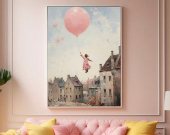 Girl flying on pink balloon Wall Art, Cute Balloon Poster