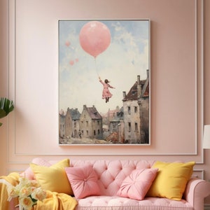 Girl flying on pink balloon Wall Art, Cute Balloon Poster