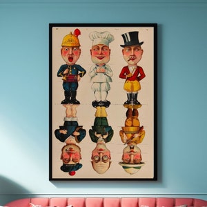 Antique French 1910 Reproduction Poster Six Men Kids Game Print
