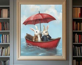 Bunnies in a Boat Wall Art, Bunnies Poster, Bunnies Wall Art, Cute Rabbits Print, Bunnies with Umbrella