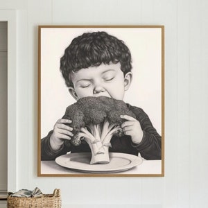 Boy eating Broccoli Wall Art Pencil Drawing Child Eating Wall Art Kid Poster Giant Broccoli Print