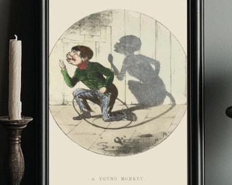Antique Shadow Book Illustration Vintage Poster Strange Antique Wall Art,Quirky Wall Art, Young Monkey Vintage Art