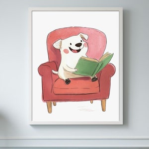 Süßer Hund Lesebuch, Haustier Liebhaber Kunstdruck, Süßer Welpe Kunst, Tier Illustration, Geschenk für Hundebesitzer