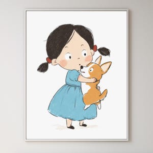 Póster de niña y perro, decoración infantil, regalo para amantes de los perros, arte de pared de corgi, impresión de corgi, póster de corgi