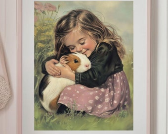 Girl and Her Guinea Pig Wall Art, Cute Animal Art, Children's Room Decor, Cute Pet Poster, Animal Lover Wall Art, Kid's Bedroom Decoration