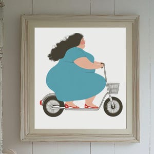 Joyful Rider, Fun Art Print, Quirky Home Décor, Funny Girl Wall Art, Scooter Poster