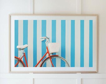 Retro Bicycle Wall Art Cute Summer Bike Wall Art Blue and White Stripes Poster Stripes Wall Art Cute Bicycle Poster Summer Decor