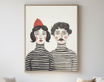 Man and Woman in Striped Clothes, Watercolor Art, Print Reproduction