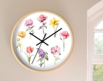 Aquarell Blumen Wanduhr, Blumen Uhr, Blumen Uhr für Wand, Vintage Stil Blumen Uhr