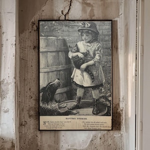 Antique Wall Art Kids Book Illustration Poster Girl with Kitten Wall Art Vintage Dog Poster