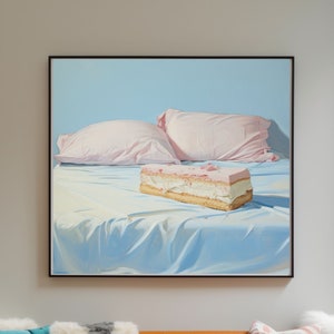 Arte de la pared del pastel en la cama, cartel rosa claro, decoración del dormitorio de la niña