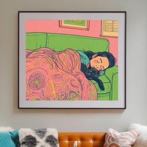 Cozy Dreams Wall Art, Sleeping with Cat Poster, Cat Wall Art, Cute Cat Lover Gift, Black Cat Decor