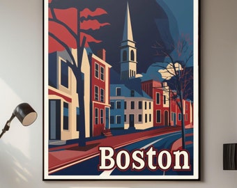 May include: A vintage travel poster featuring a colorful illustration of a street scene in Boston, Massachusetts. The poster features a church steeple, red brick buildings, and a street lined with trees. The text "Boston" is printed in white letters on a red background.