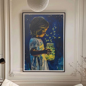 Little Girl and her Fireflies Gouache Painting Print Fireflies Wall Art Print Poster