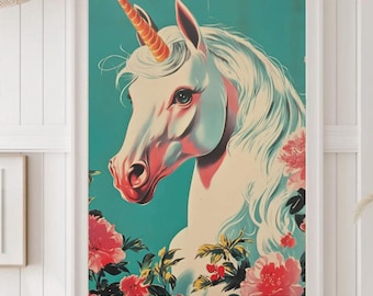 Whimsical Unicorn Poster, Vintage Wall Art, Floral Decor, Magical Home Aesthetic, Gift for Unicorn Lovers, Unicorn Wall Art