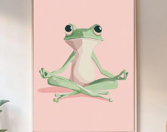 Grodyoga-väggkonst, flickigt tryck, yogagroda-affisch, zengroda-väggkonst, yogastudiodekor, söt grodakonstverk, mindfulness-gåva
