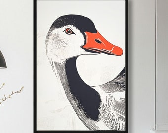 Goose Wall Art Duck Illustration, Goose Poster, Goose Print Retro Goose Art