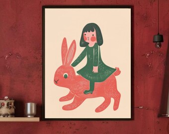 Meisje op een konijntje muur kunst retro zeefdruk poster eenvoudige kinder muur kunst zeefdruk poster