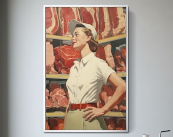 Butcher Girl Meat Locker Lady Wall Art Retro Poster