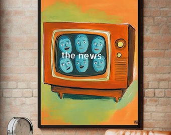 Póster de televisión retro, impresión artística vintage, arte mural de noticias de televisión, obra de arte original, decoración de sala multimedia