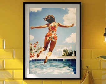 Swimming Pool Wall Art Water Jump Poster Retro Summer Print Vintage Pool Poster