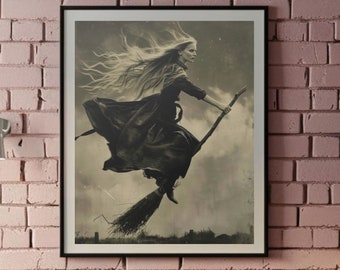 Poster vintage della strega con la strega sulla scopa, stampa artistica da parete vintage della strega