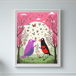 Love Birds Wall Art Valentine Love Poster, Cute Pink Wall Art