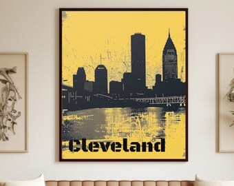 Cleveland Wall Art Cleveland Ohio Poster Cleveland Print Black and Yellow Cleveland Art