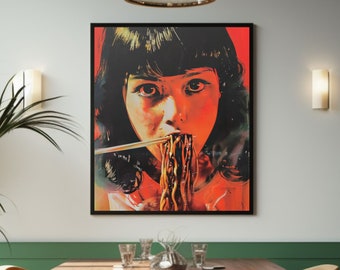 Noodles Wall Art Girl Eating Noodles Retro Print Vintage Noodles Poster Chapagetti Ramen Wall Art