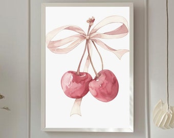 Coquette Wall Art, Pink Cherry Wall Art Print, Cherries Wall Art, Aesthetic Decor, Girly Wall Art, Cherry Poster, Preppy Art