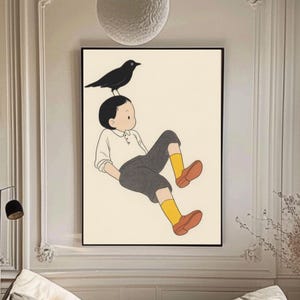Póster de un niño y un cuervo, decoración de pared para habitación infantil o sala de juegos, idea de regalo única.