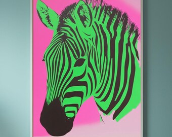 Zebra Wall Art, Funky Wall Decor, Animal Print, Modern Home Accent, Colorful Wall Art, Zebra Poster, Green and Pink Art