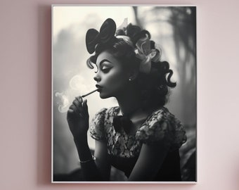 Black and White Photo of a Young Woman Girl with Cigarette