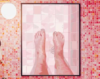 Arte de baño rosa Arte de pared con pies rosas Arte de pared de ducha Póster de baño Arte de pared de baño