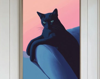 Väggkonst för svart katt, present till svart kattälskare, kattaffisch, svart katttryck, kattkattdekor