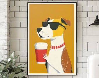 Café perro pared arte café pared arte café cartel perro con impresión de café retro perro ilustración