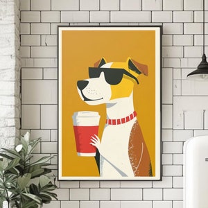 Coffee Dog Wall Art Coffee Wall Art Coffee Poster Dog with Coffee Print Retro Dog Illustration