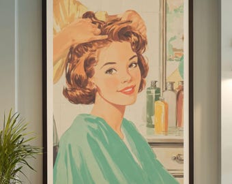 May include: A vintage-style salon interior with a large framed poster of a woman getting her hair done, a red chair, and black salon chairs.