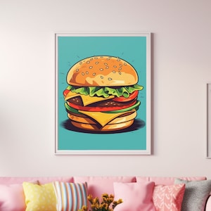 Retro Style Cheeseburger Poster, Bauhaus Cheeseburger Wall Art