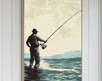 Retro Fishing Wall Art, Vintage Fisherman Art Print, Decor for Anglers, Perfect Gift for Dad, Nature Wall Art