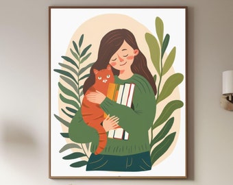 Cats and Books Wall Art Cat Wall Art Cat Lover Gift Girl with a cat Poster Bookworm Gift