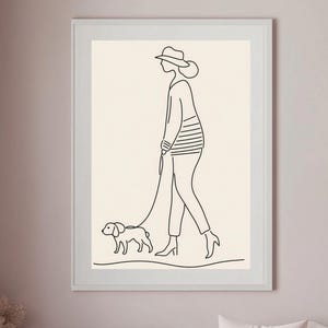 Arte de pared minimalista con paseo de perros, póster de niña con perro, decoración elegante para mascotas, arte de pared moderno, regalo único para amantes de los perros