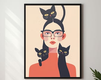 Crazy Cat Lady Wall Art Cats Wall Art Girl with Cats Poster Black Cat Print