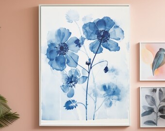 Flowers cyanotype print wall art, cyanotype print flowers