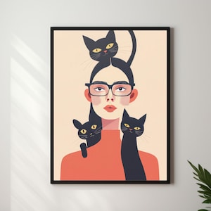 Crazy Cat Lady Wall Art Cats Wall Art Girl with Cats Poster Black Cat Print