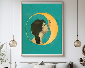Vintage Woman Kissing Moon Poster, Impresión de impresión antigua, Dixie Moon, Cara de luna antigua, Art Nouveau, Art Deco, Luna creciente