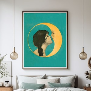 Vintage Woman Kissing Moon Poster, Antique Print Print, Dixie Moon, Antique Moon Face, Art Nouveau, Art Deco, Crescent Moon