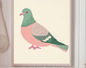 Arte de parede de pombo fofo, arte de parede de pássaro, presente para amantes de pássaros, pôster de pombo estilo vintage, impressão de pássaro