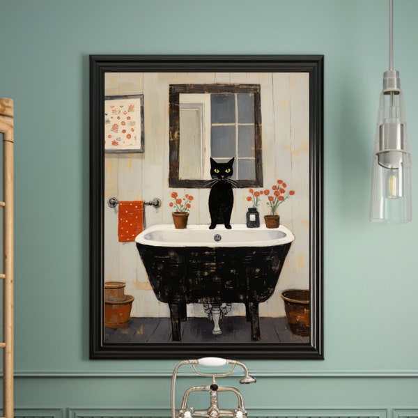 Black Cat Bathroom Art - Etsy